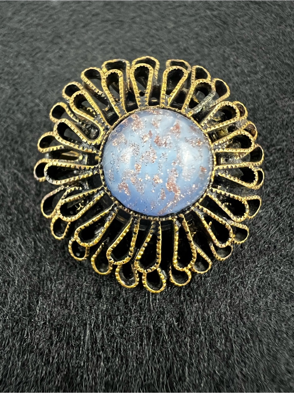 Vintage West German Style Gold Filigree Brooch Blue Goldstone Art Glass Pin